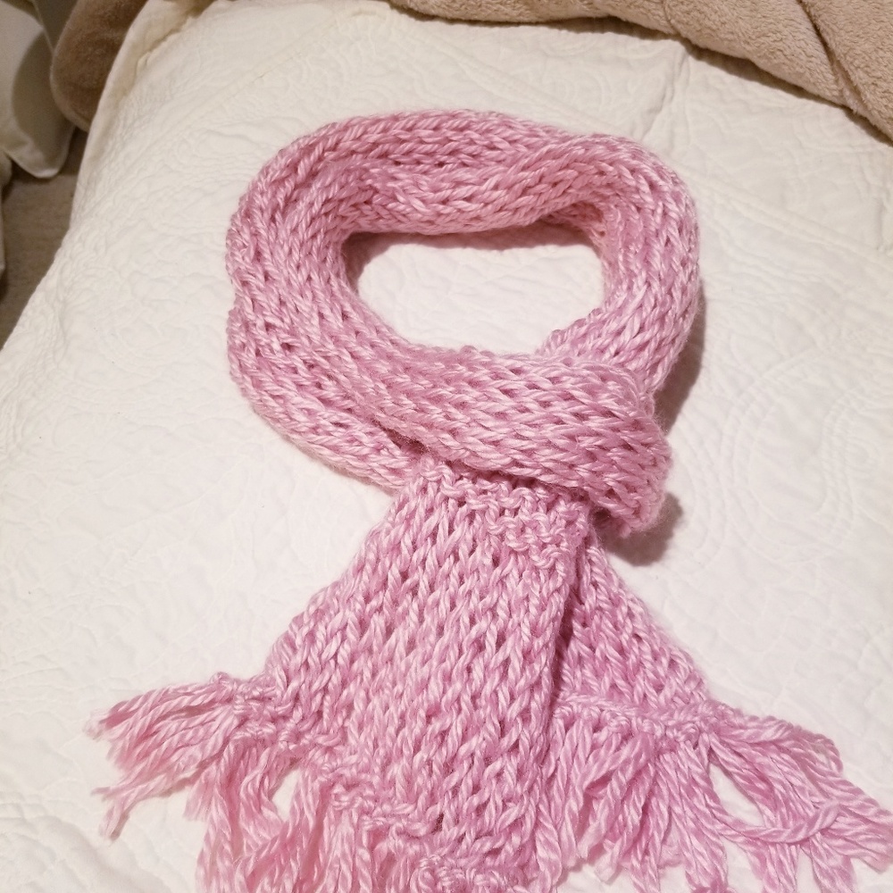 Hand knitted pink scarf, approx 43" long